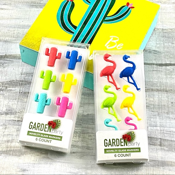 NWT Garden Party Novelty Glass Markers Wine Charms Bundle Cactus Flamingo Sets - Picture 6 of 11